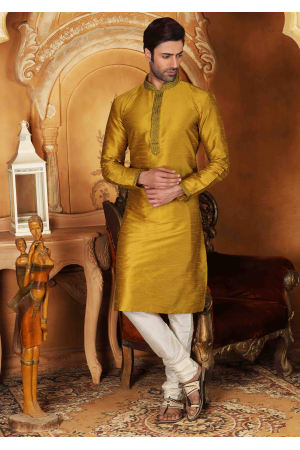 White with Golden Color Silk Kurta Set